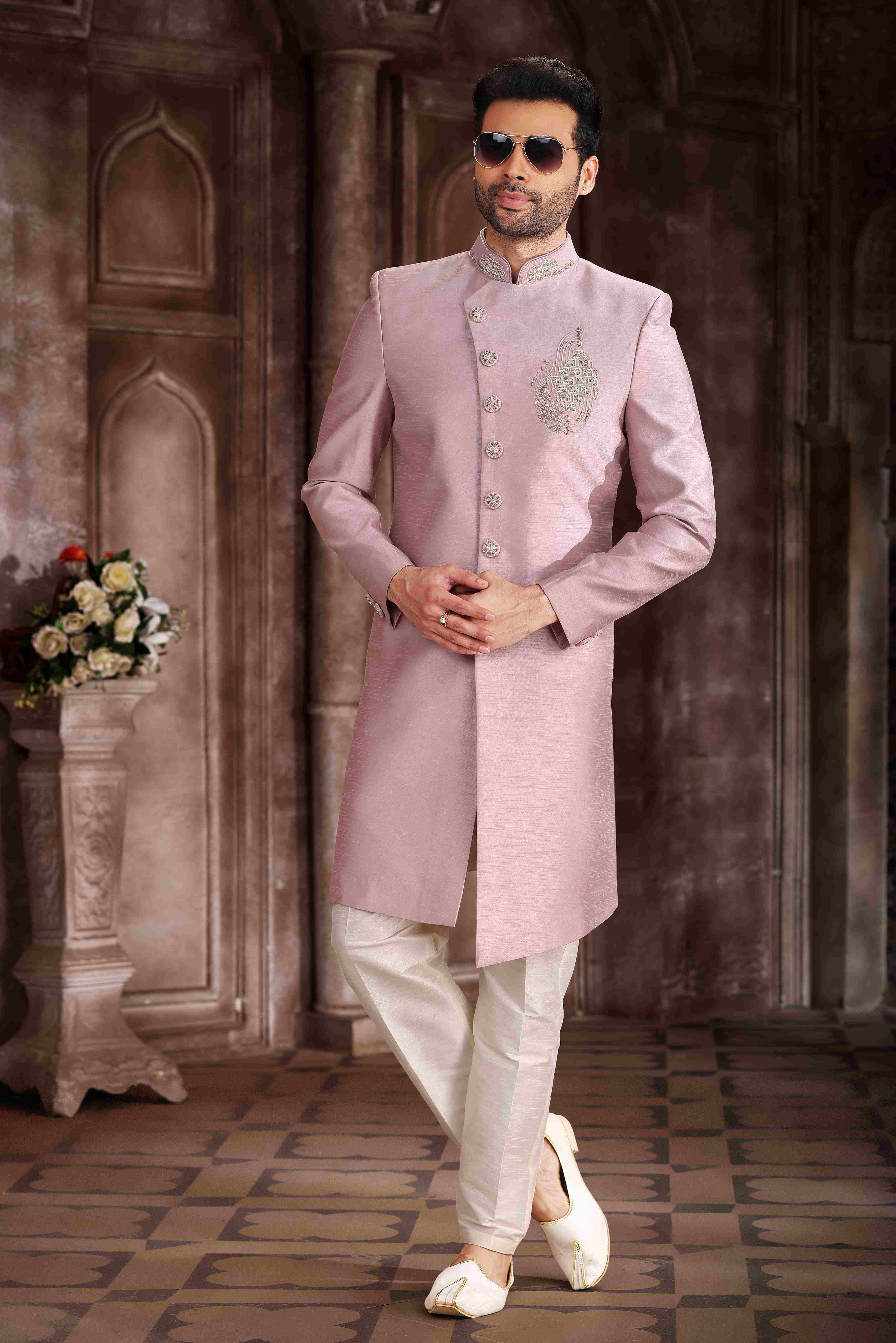 Raivat Ethnic Art Silk Embroidery Work Sherwani In Onion Pink Colour
