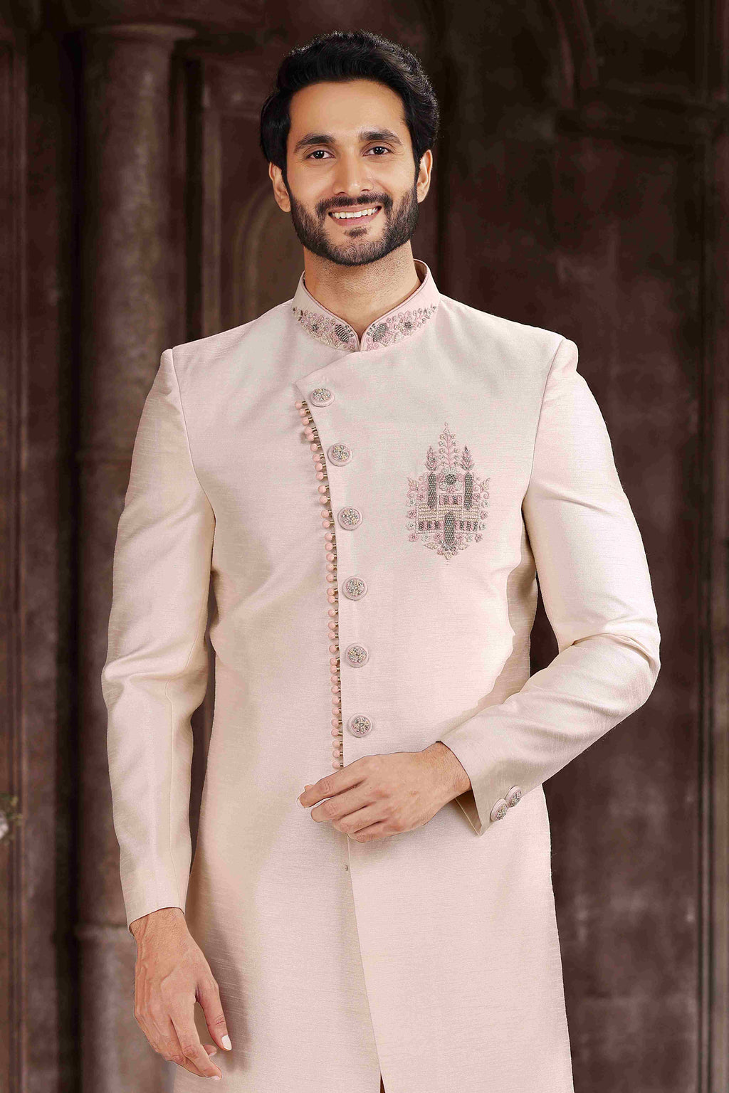 Raivat Ethnic Art Silk Embroidery Work Sherwani In Cream Colour