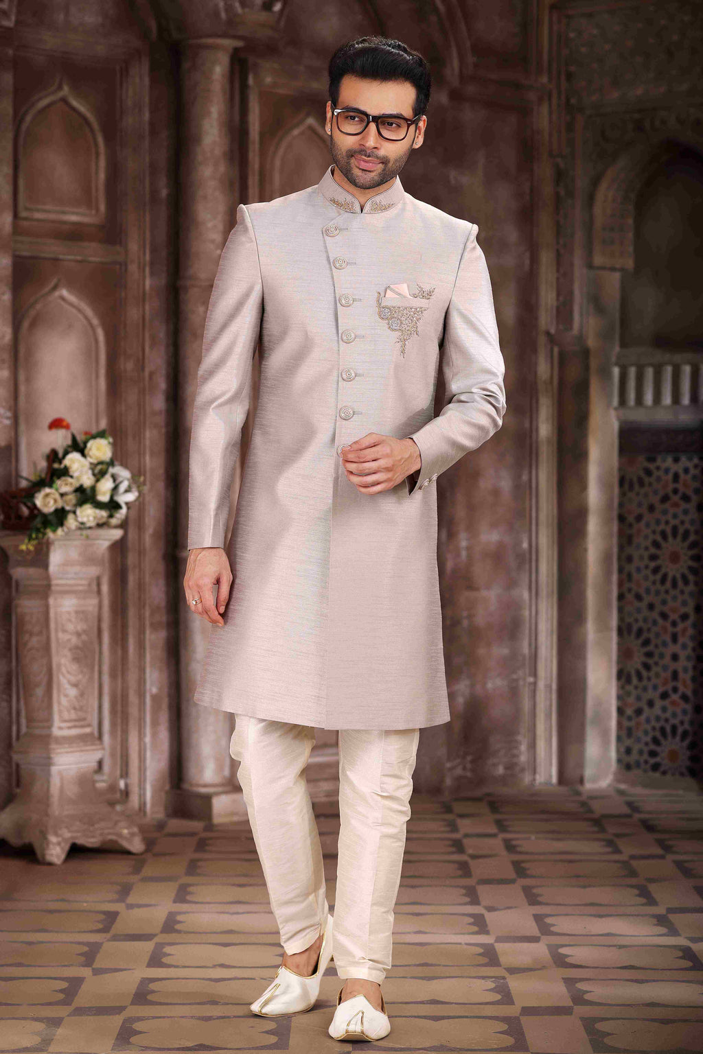 Raivat Ethnic Art Silk Embroidery Work Sherwani In Light Grey Colour
