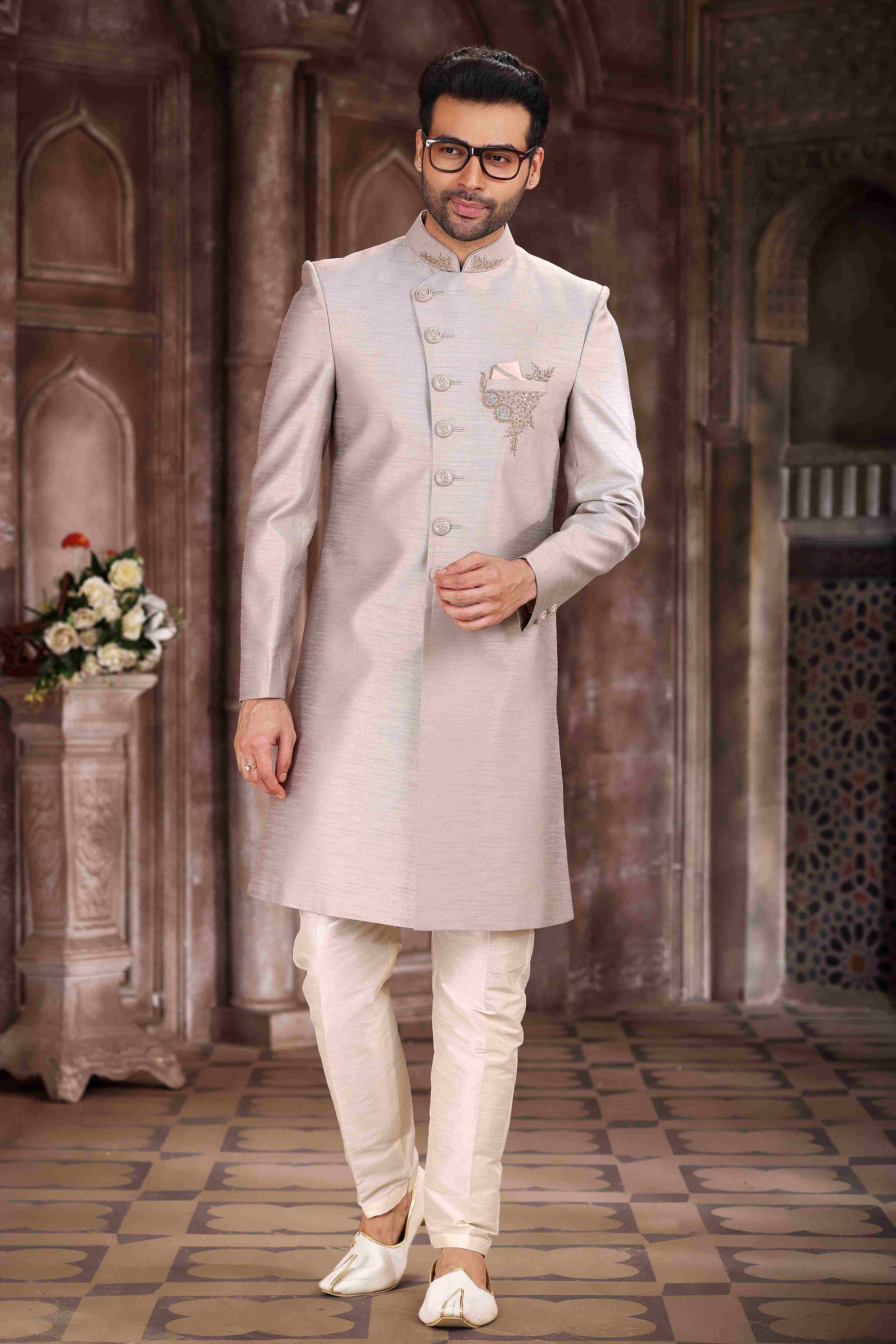Raivat Ethnic Art Silk Embroidery Work Sherwani In Light Grey Colour