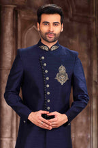 Raivat Ethnic Art Silk Embroidery Work Sherwani In Blue Colour