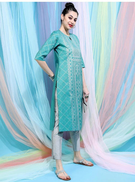 Maai Rayon Hand Printed Kurta Sky Blue