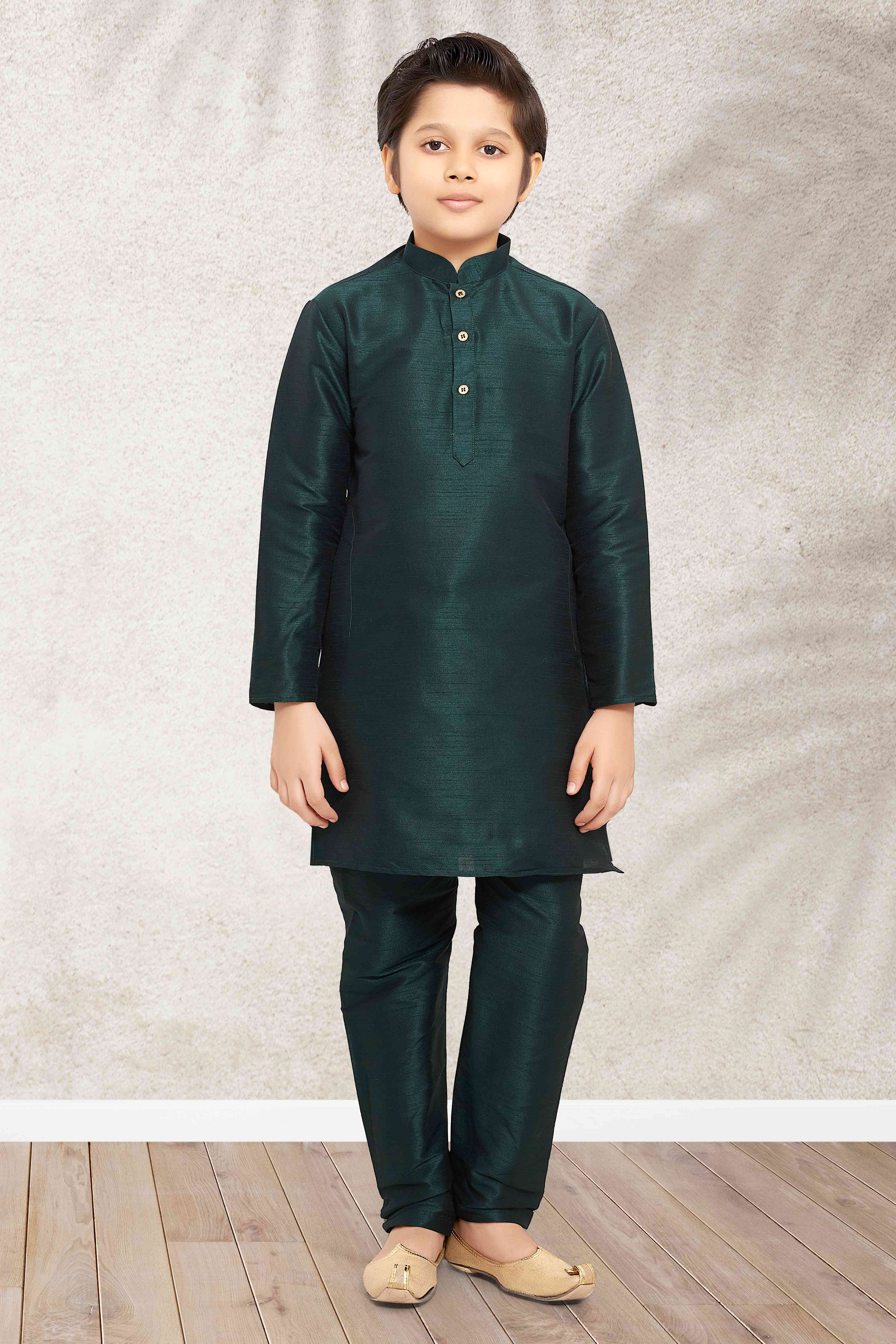 Raivat Ethnic Art Banarasi Silk Kids Kurta Pajama In Green Colour