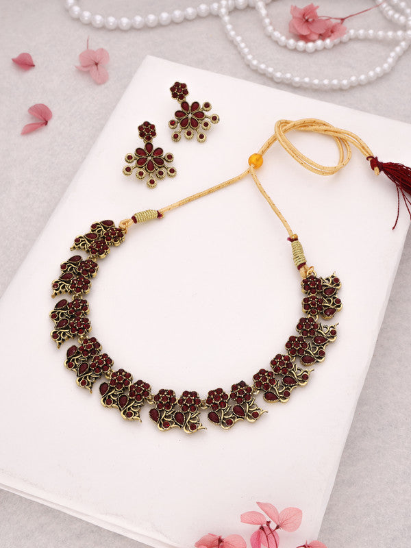 Tehzeeb Creations Luxurious Gold Polished Maroon Colour Diamond Choker Necklace Set With Matching Earrings