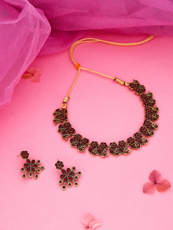 Tehzeeb Creations Luxurious Gold Polished Maroon Colour Diamond Choker Necklace Set With Matching Earrings