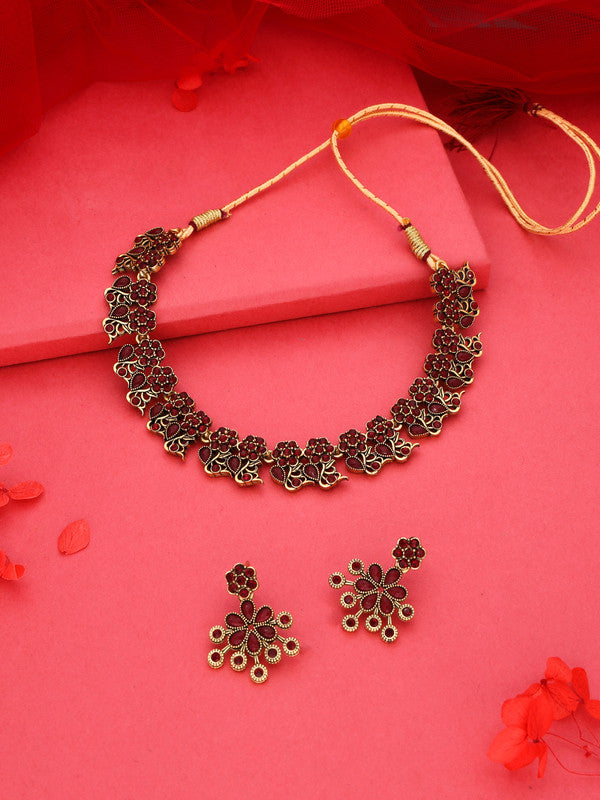 Tehzeeb Creations Luxurious Gold Polished Maroon Colour Diamond Choker Necklace Set With Matching Earrings