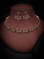 Tehzeeb Creations Luxurious Gold Polished Maroon Colour Diamond Choker Necklace Set With Matching Earrings