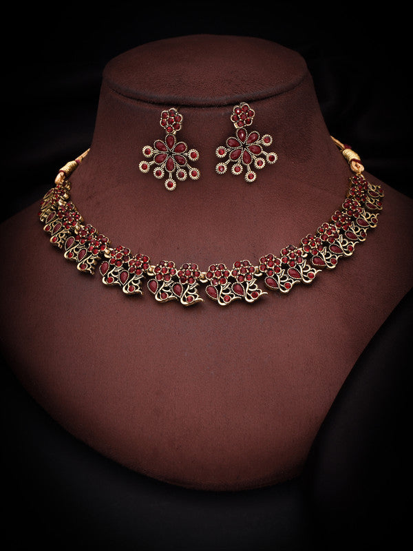 Tehzeeb Creations Luxurious Gold Polished Maroon Colour Diamond Choker Necklace Set With Matching Earrings