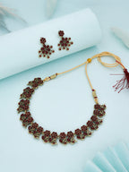 Tehzeeb Creations Luxurious Gold Polished Maroon Colour Diamond Choker Necklace Set With Matching Earrings