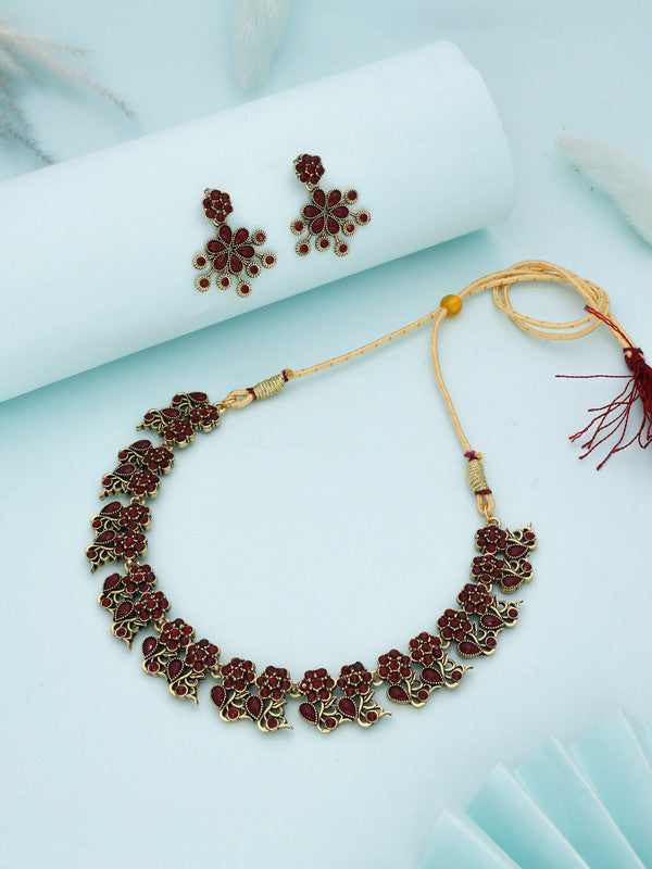 Tehzeeb Creations Luxurious Gold Polished Maroon Colour Diamond Choker Necklace Set With Matching Earrings