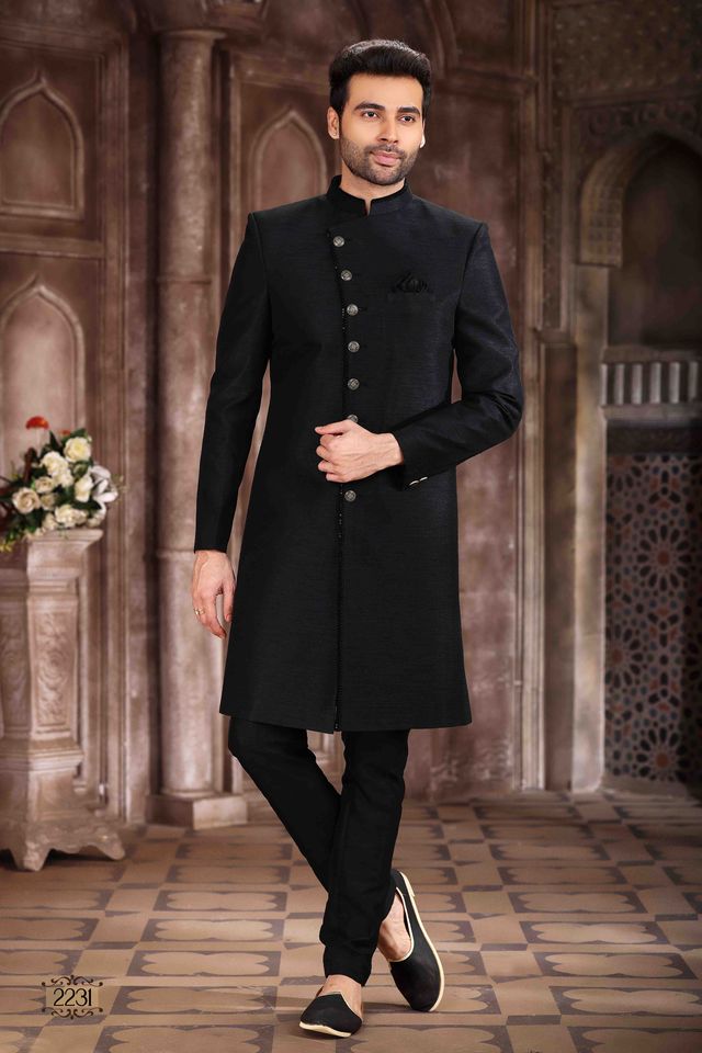 Raivat Ethnic Art Silk Embroidery Work Sherwani In Black Colour