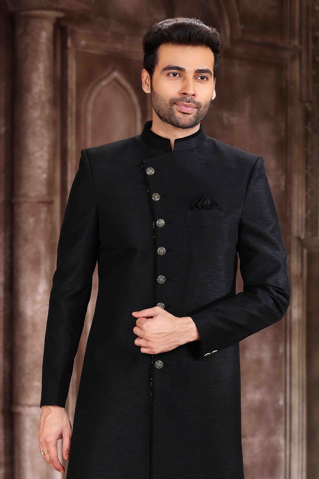 Raivat Ethnic Art Silk Embroidery Work Sherwani In Black Colour
