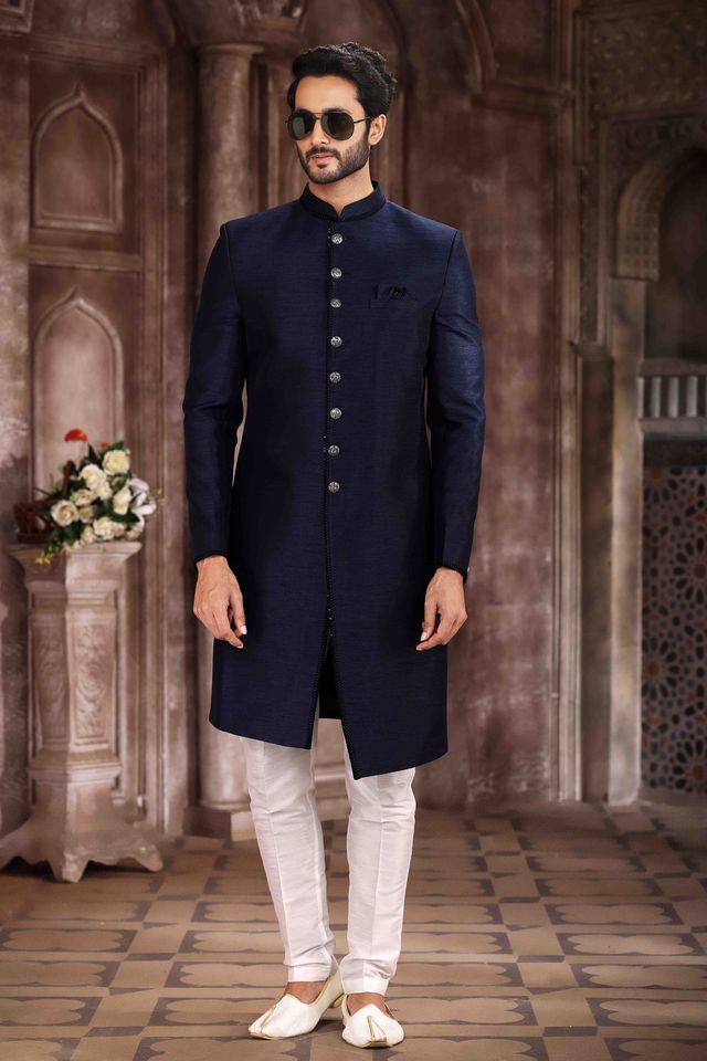 Raivat Ethnic Art Silk Embroidery Work Sherwani In Blue Colour