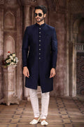 Raivat Ethnic Art Silk Embroidery Work Sherwani In Blue Colour