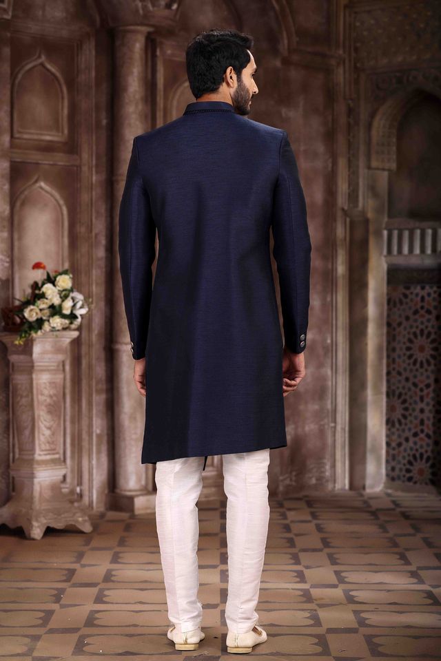 Raivat Ethnic Art Silk Embroidery Work Sherwani In Blue Colour