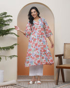 Vaasva Women Peach Floral Cotton Printed Flare Kurti - Distacart