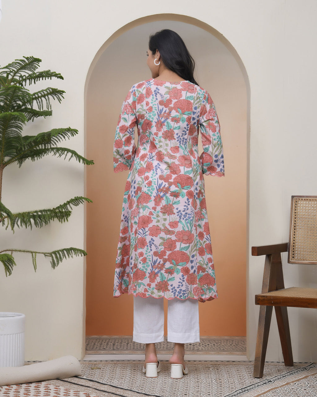 Vaasva Women Peach Floral Cotton Printed Flare Kurti - Distacart