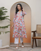 Vaasva Women Peach Floral Cotton Printed Flare Kurti - Distacart