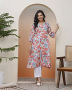 Vaasva Women Peach Floral Cotton Printed Flare Kurti - Distacart