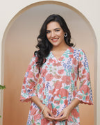Vaasva Women Peach Floral Cotton Printed Flare Kurti - Distacart