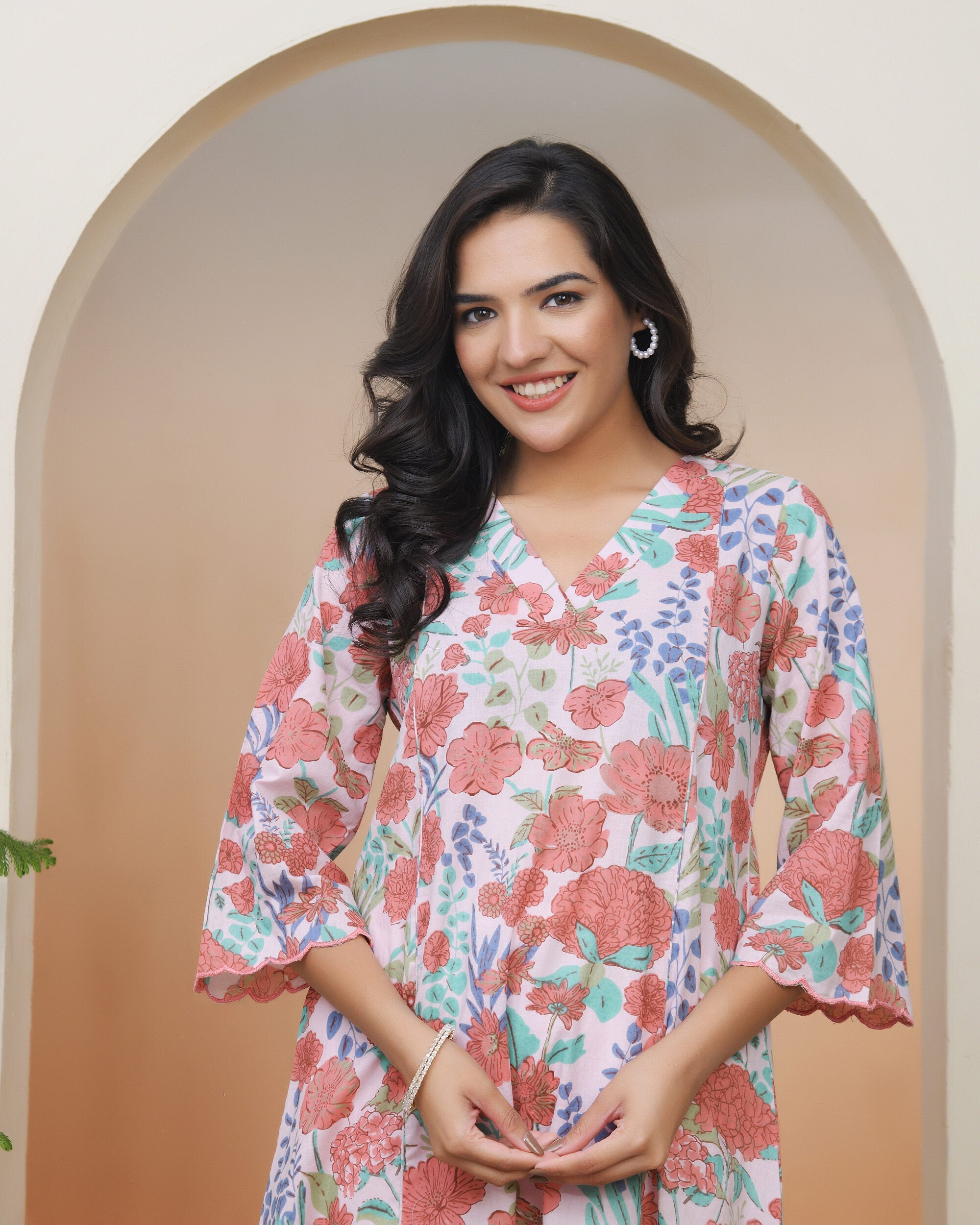 Vaasva Women Peach Floral Cotton Printed Flare Kurti - Distacart