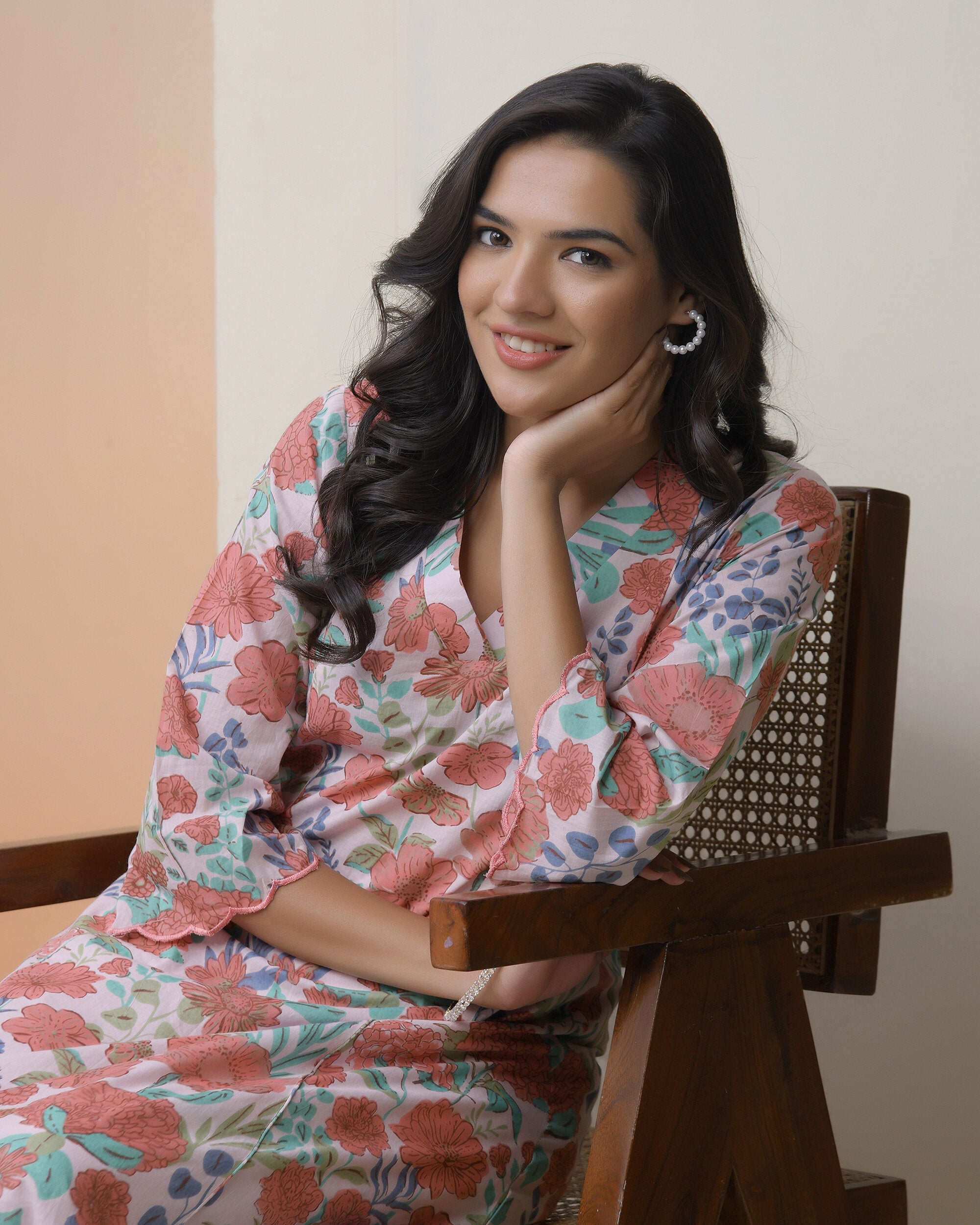 Vaasva Women Peach Floral Cotton Printed Flare Kurti - Distacart