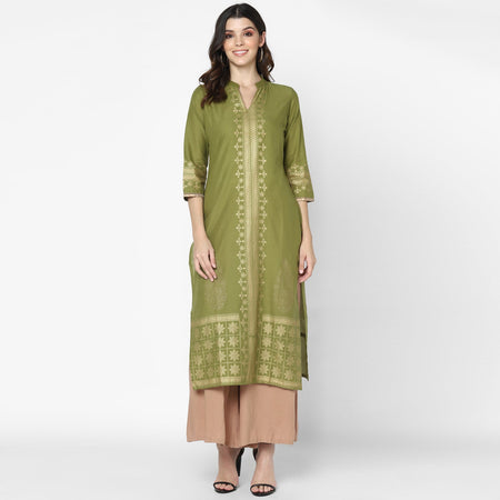 Maai Rayon Hand Printed Kurta Olive