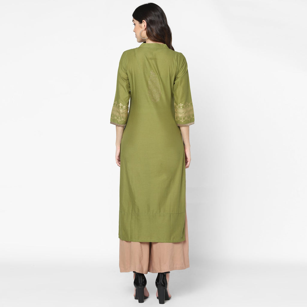 Maai Rayon Hand Printed Kurta Olive - Distacart