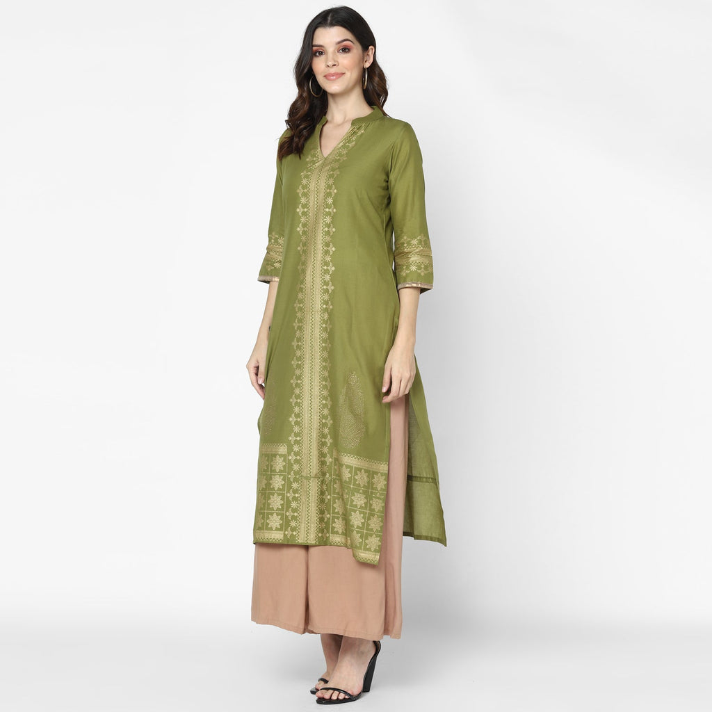Maai Rayon Hand Printed Kurta Olive - Distacart