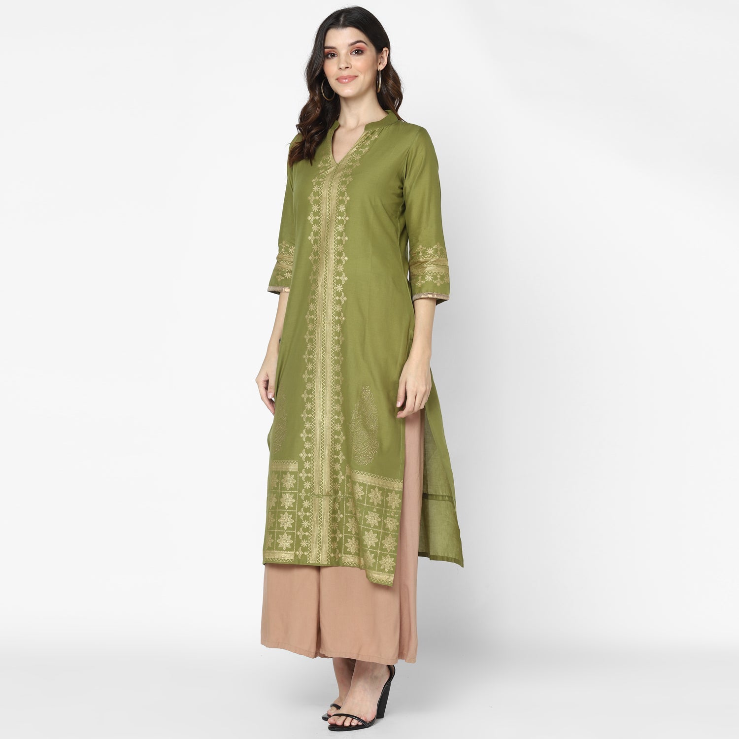 Maai Rayon Hand Printed Kurta Olive - Distacart