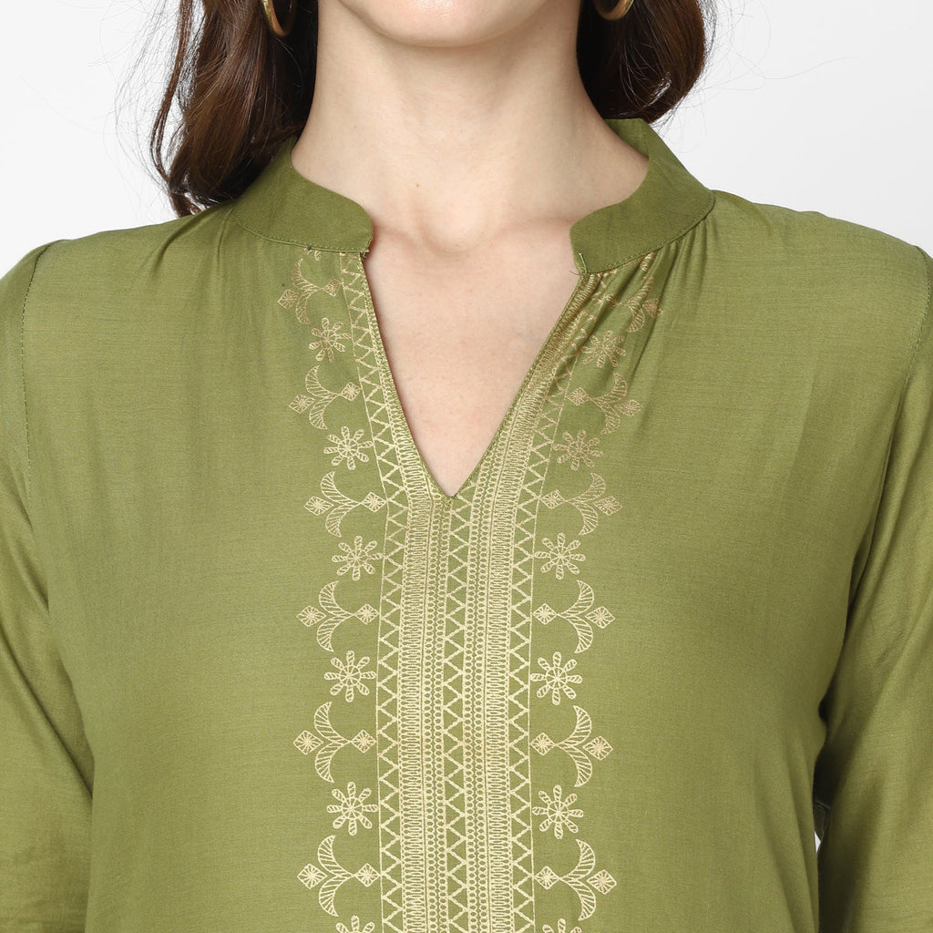 Maai Rayon Hand Printed Kurta Olive - Distacart