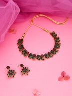 Tehzeeb Creations Luxurious Gold Polished Maroon & Green Colour Diamond Choker Necklace Set With Matching Earrings