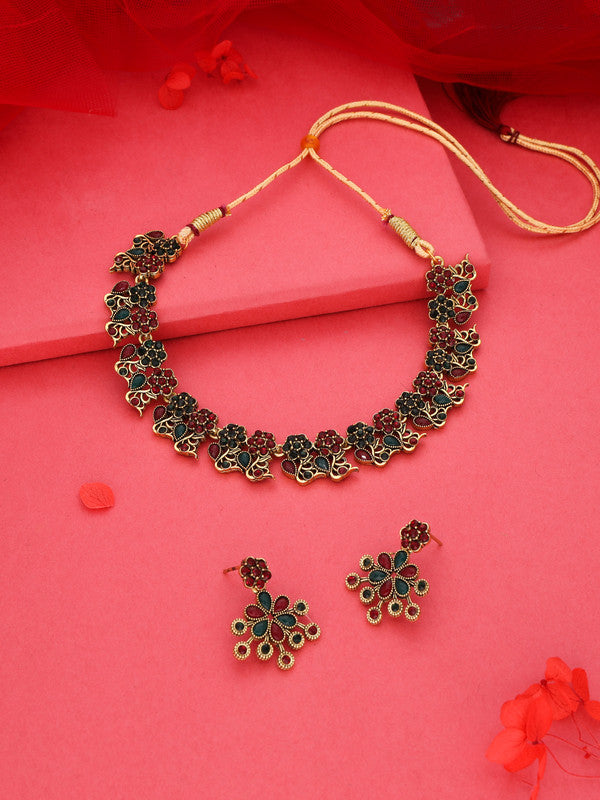 Tehzeeb Creations Luxurious Gold Polished Maroon & Green Colour Diamond Choker Necklace Set With Matching Earrings
