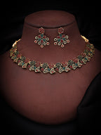 Tehzeeb Creations Luxurious Gold Polished Maroon & Green Colour Diamond Choker Necklace Set With Matching Earrings