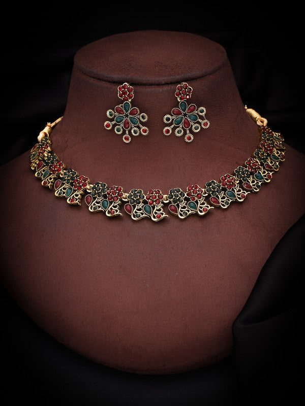 Tehzeeb Creations Luxurious Gold Polished Maroon & Green Colour Diamond Choker Necklace Set With Matching Earrings