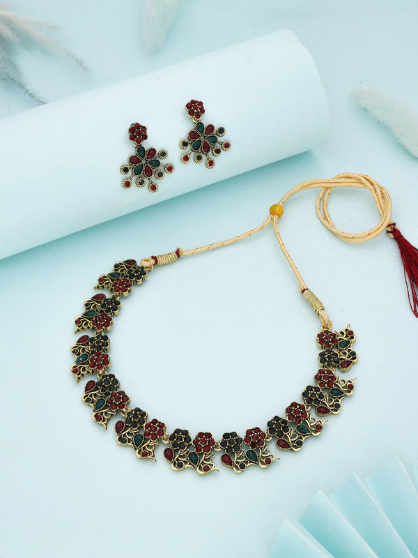 Tehzeeb Creations Luxurious Gold Polished Maroon & Green Colour Diamond Choker Necklace Set With Matching Earrings
