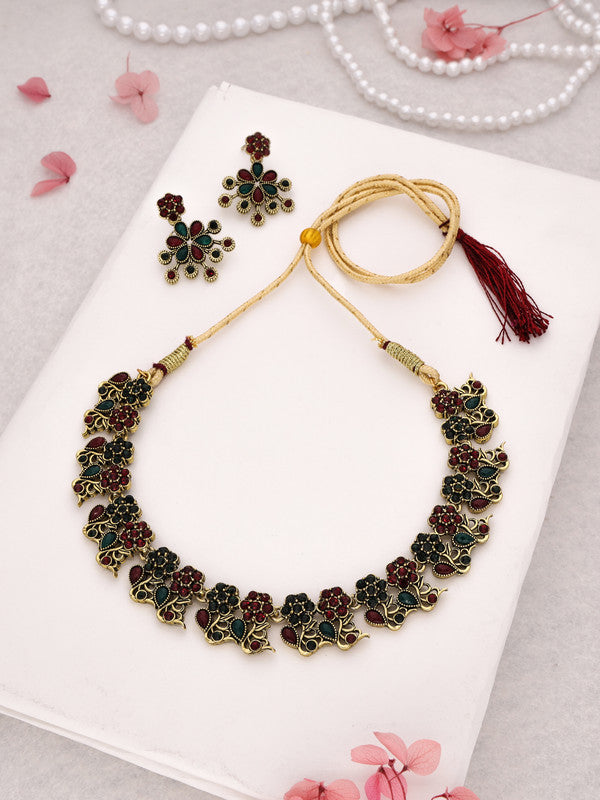 Tehzeeb Creations Luxurious Gold Polished Maroon & Green Colour Diamond Choker Necklace Set With Matching Earrings