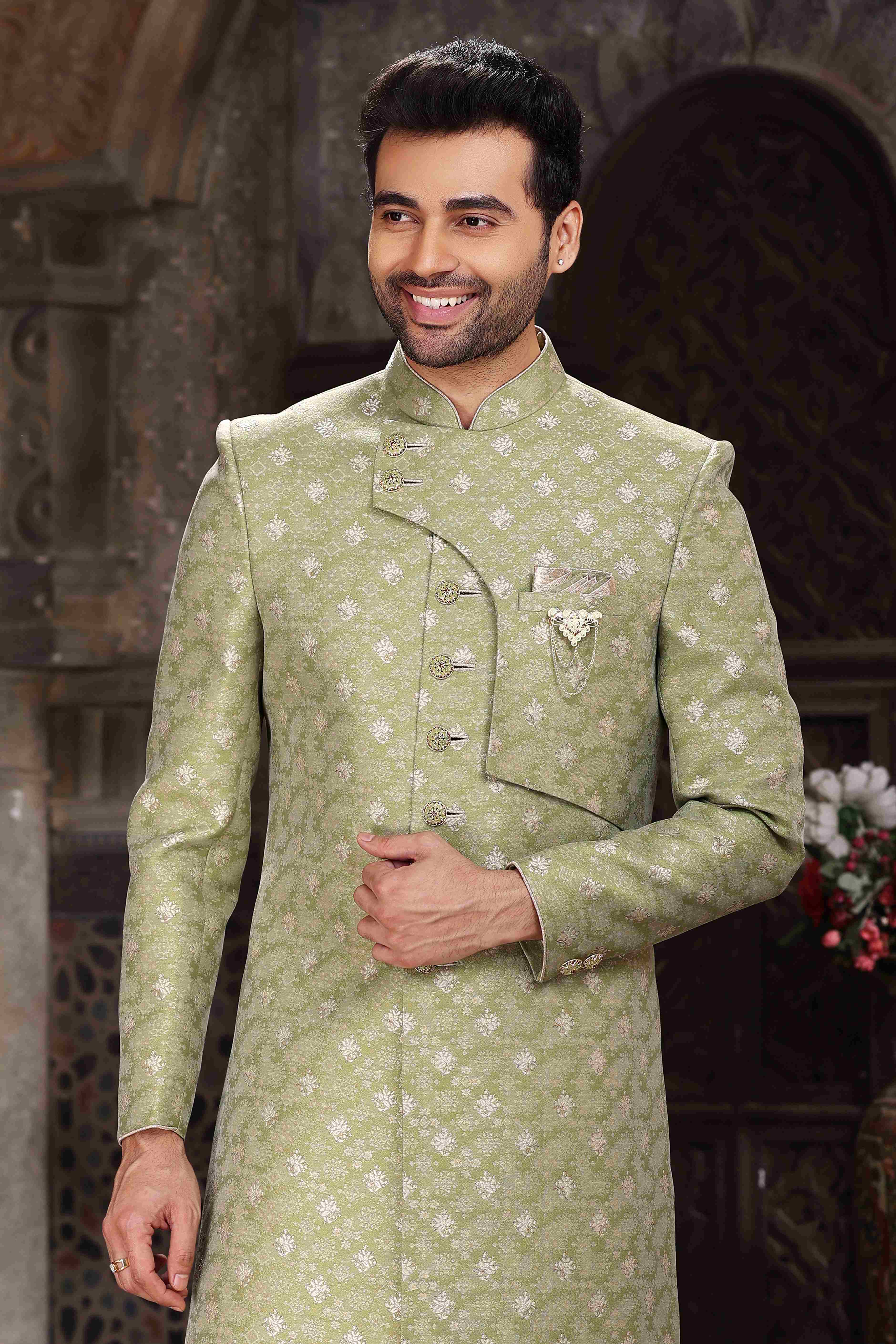 Raivat Ethnic Banarasi Jacquard Woven Work Indo Western Sherwani In Green Colour