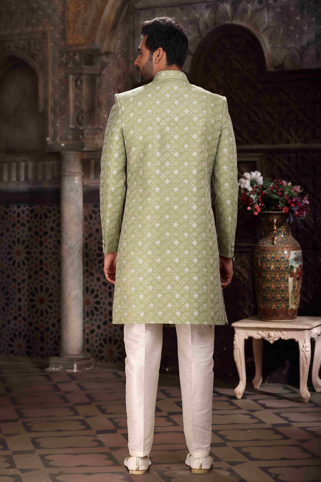 Raivat Ethnic Banarasi Jacquard Woven Work Indo Western Sherwani In Green Colour