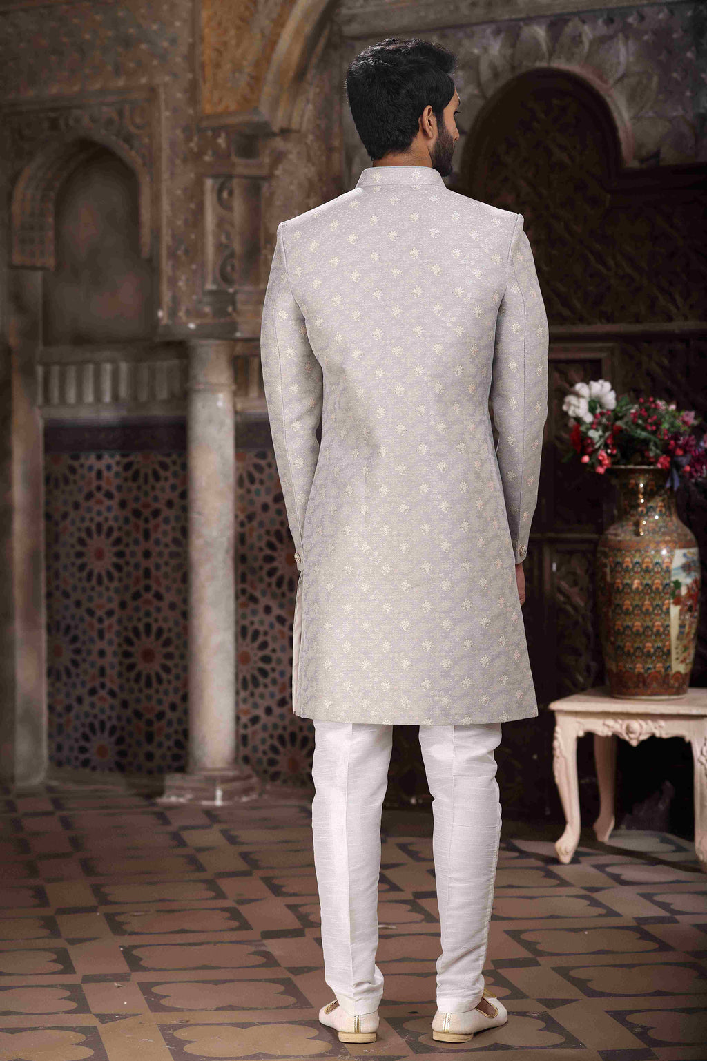 Raivat Ethnic Banarasi Jacquard Woven Work Indo Western Sherwani In Grey Colour