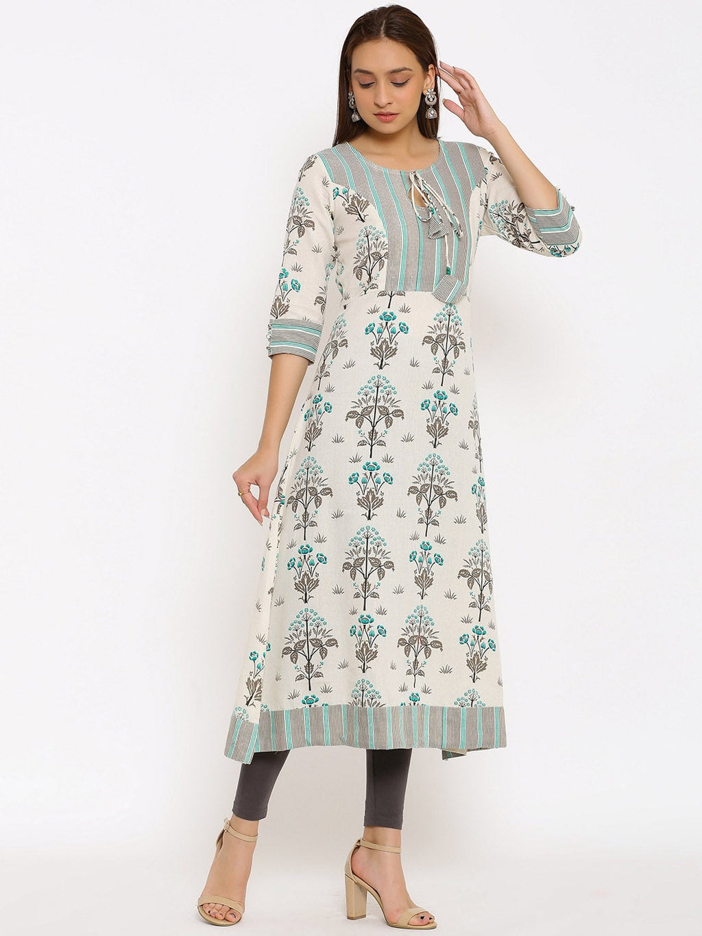 HERE&NOW Off-White & Grey Floral Printed Cotton Flax A-Line Kurta