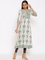 HERE&NOW Off-White & Grey Floral Printed Cotton Flax A-Line Kurta