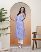 Vaasva Women Lavender Floral Cotton Printed Flare Kurti