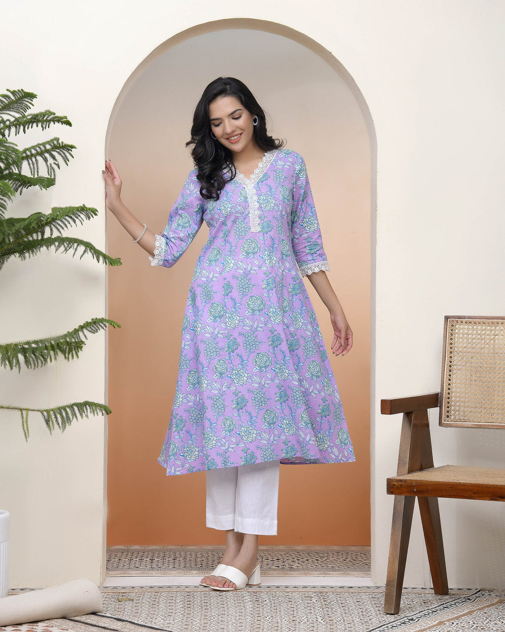 Vaasva Women Lavender Floral Cotton Printed Flare Kurti