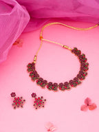 Tehzeeb Creations Luxurious Gold Polished Pink Colour Diamond Choker Necklace Set With Matching Earrings