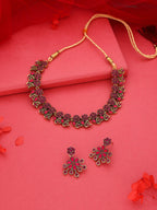 Tehzeeb Creations Luxurious Gold Polished Pink Colour Diamond Choker Necklace Set With Matching Earrings