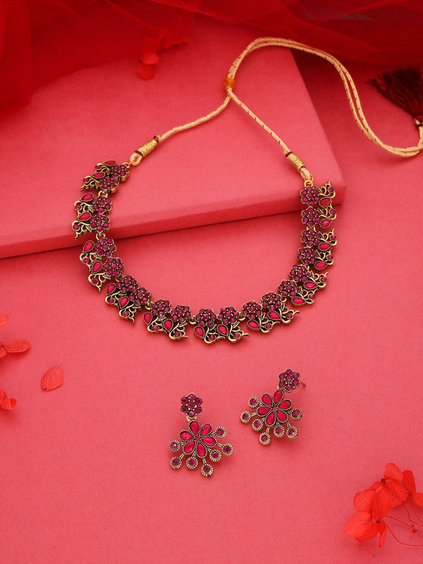 Tehzeeb Creations Luxurious Gold Polished Pink Colour Diamond Choker Necklace Set With Matching Earrings
