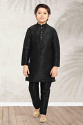Raivat Ethnic Art Banarasi Silk Kids Kurta Pajama In Black Colour