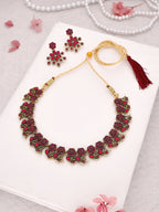 Tehzeeb Creations Luxurious Gold Polished Pink Colour Diamond Choker Necklace Set With Matching Earrings