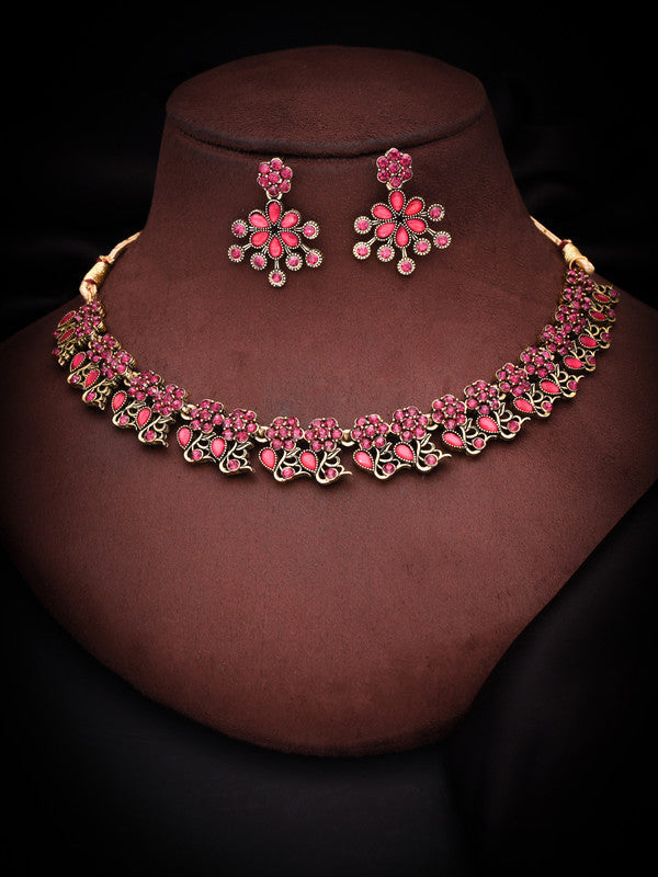 Tehzeeb Creations Luxurious Gold Polished Pink Colour Diamond Choker Necklace Set With Matching Earrings